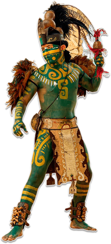 Guerrero maya con el cuerpo pintado y tocado de plumas, sosteniendo un cetro.